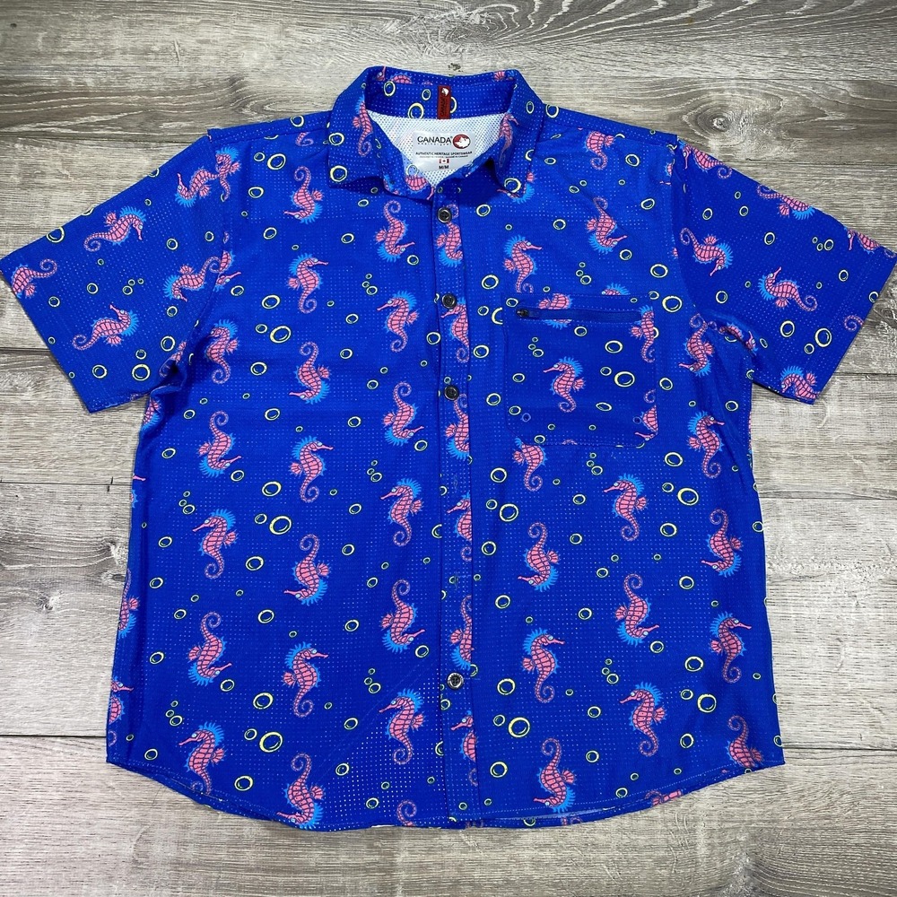 Canada Weathergear Shirt Mens Medium Blue Seahorse‎ Print Short Sleeve Button